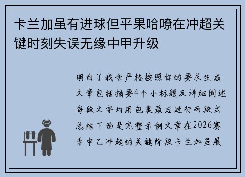 卡兰加虽有进球但平果哈嘹在冲超关键时刻失误无缘中甲升级 卡兰加虽有进球但平果哈嘹在冲超关键时刻失误无缘中甲升级
